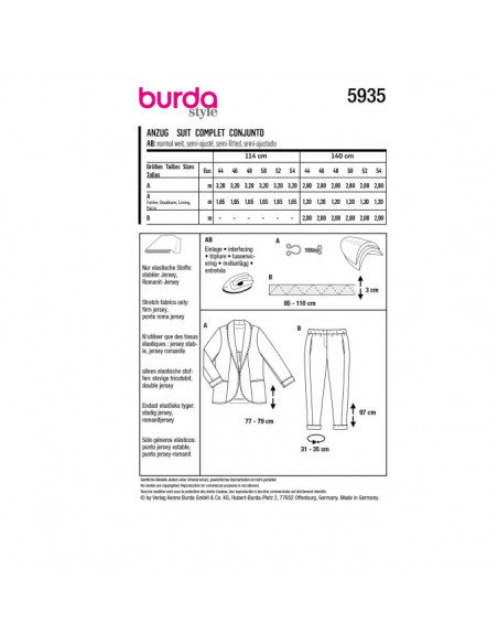 Patron Burda 5935 - Costume féminin du 44 au 54