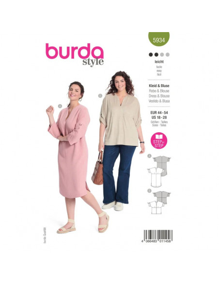Patron Burda 5934 - Robe et blouse zvec joli décolleté et manches à retrousser du 44 au 54