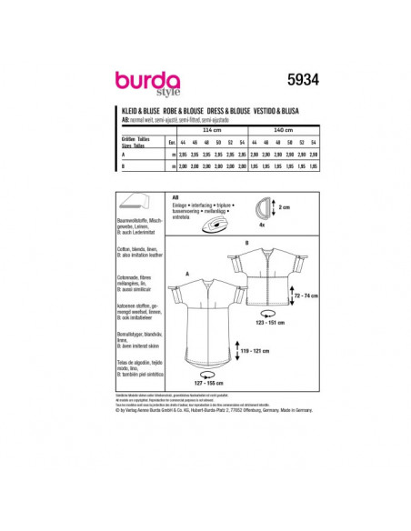 Patron Burda 5934 - Robe et blouse zvec joli décolleté et manches à retrousser du 44 au 54