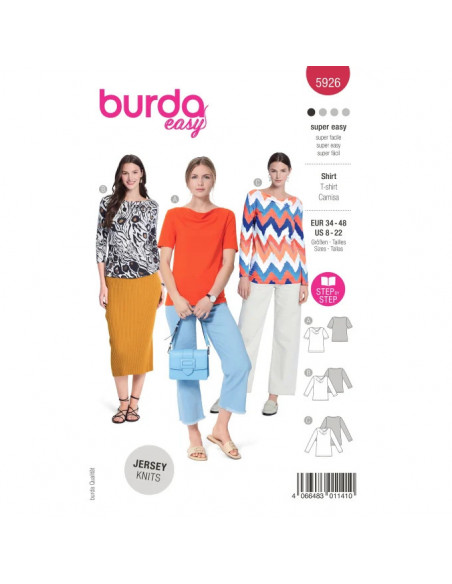 Patron Burda 5926 - 3 Tee- shirts incontournables du 34 au 48