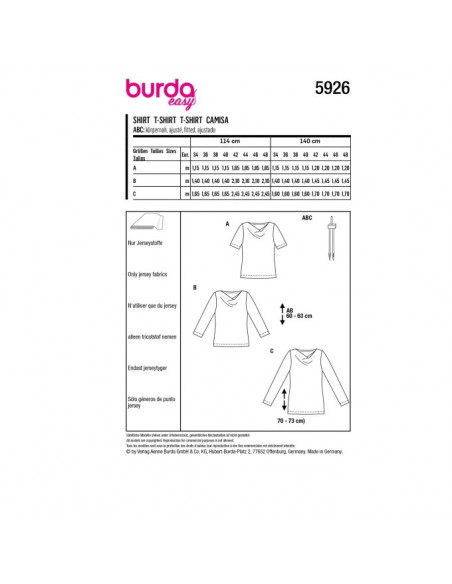 Patron Burda 5926 - 3 Tee- shirts incontournables du 34 au 48