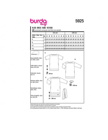 Patron Burda 5925 - Robes de coupe droite avec une encolure bateau du 34 au 48