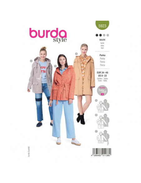 Patron Burda 5923 - Parka à capuche et poches plaquées du 34 au 48