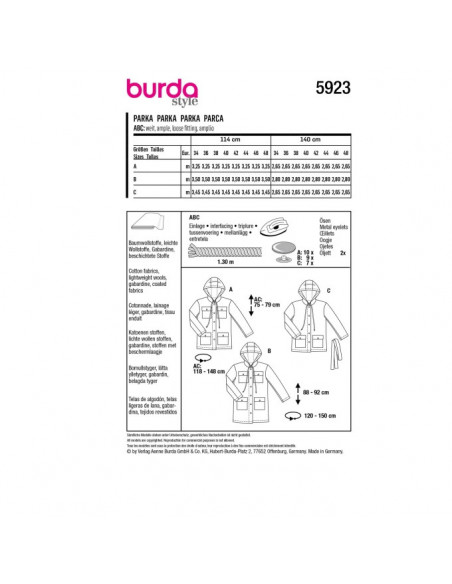 Patron Burda 5923 - Parka à capuche et poches plaquées du 34 au 48