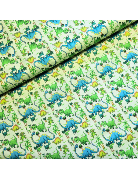 Tissu, Popeline de Coton Dinosaures, Multicolore, Laize 150 cm, 100% Coton 115g/m²