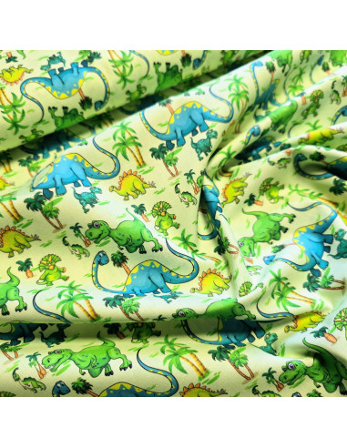Tissu, Popeline de Coton Dinosaures, Multicolore, Laize 150 cm, 100% Coton 115g/m²