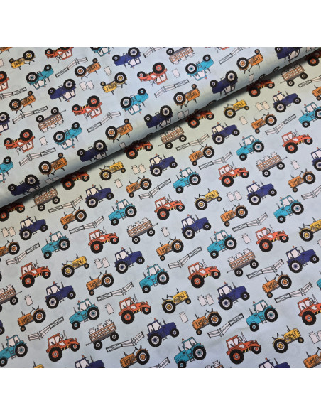 Tissu, Popeline de Coton Tracteurs, Multicolore, Laize 150 cm, 100% Coton 115g/m²