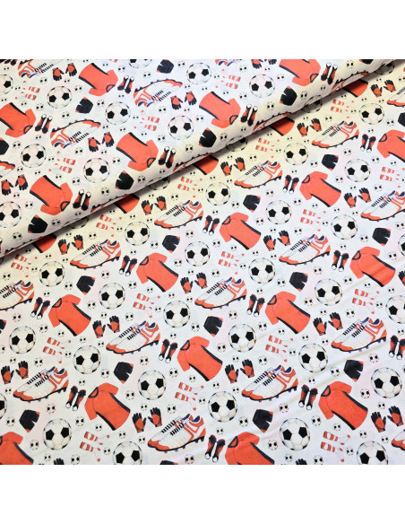 Tissu, Popeline de Coton, Motif Football Multicolore, Laize 150 cm, 100% Coton 115g/m²
