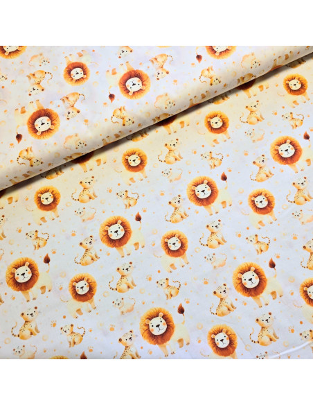 Tissu, Popeline de Coton, Motif Lions, Laize 150 cm, 100% Coton 115g/m²