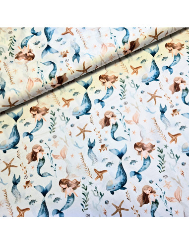 Tissu, Popeline de Coton Sirènes, Multicolore, Laize 150 cm, 100% Coton 115g/m²