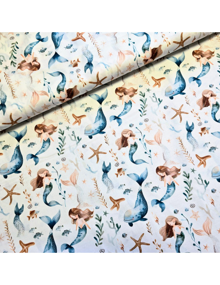 Tissu, Popeline de Coton Sirènes, Multicolore, Laize 150 cm, 100% Coton 115g/m²