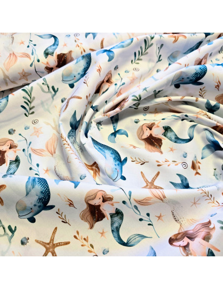 Tissu, Popeline de Coton Sirènes, Multicolore, Laize 150 cm, 100% Coton 115g/m²