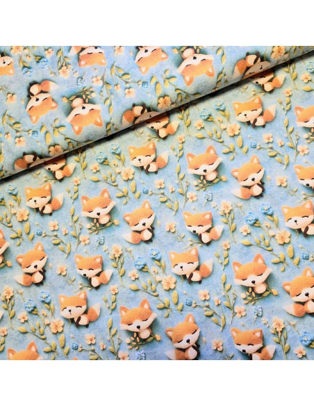 Popeline de coton, impression digitale effet 3D, renards