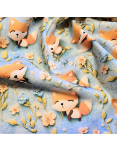 Popeline de coton, impression digitale effet 3D, renards 2