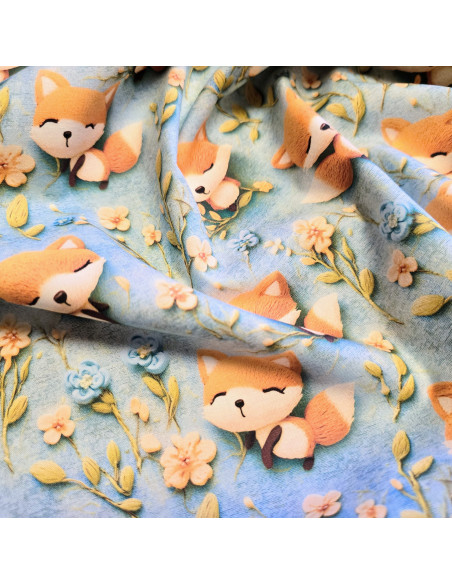 Popeline de coton, impression digitale effet 3D, renards