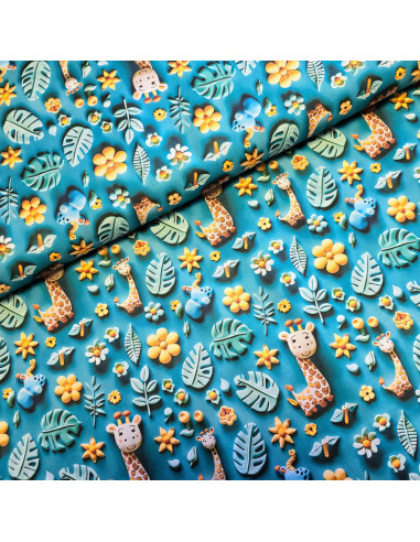 Tissu, Popeline de Coton Impression Digitale Effet 3D, Multicolore Girafes, Laize 150 cm, 100% Coton 115g/m²