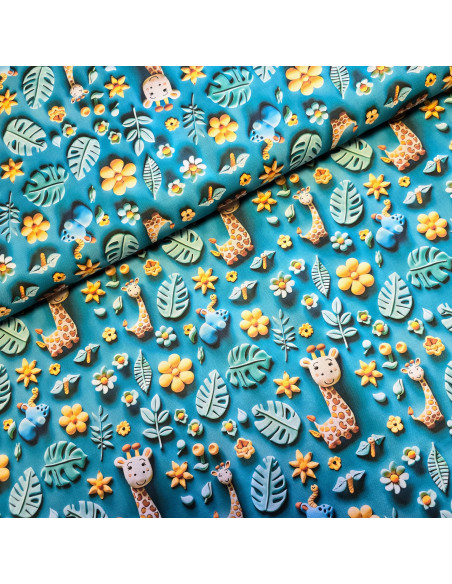 Tissu, Popeline de Coton Impression Digitale Effet 3D, Multicolore Girafes, Laize 150 cm, 100% Coton 115g/m²