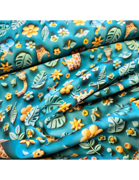 Tissu, Popeline de Coton Impression Digitale Effet 3D, Multicolore Girafes, Laize 150 cm, 100% Coton 115g/m²