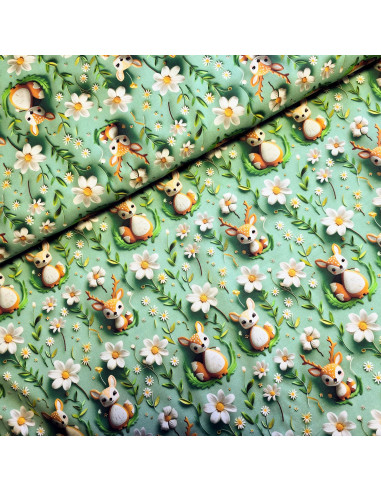 Tissu, Popeline de Coton, Impression Digitale Effet 3D Biches, Multicolore, Laize 150 cm, 100% Coton 115g/m²