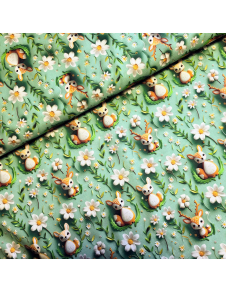 Tissu, Popeline de Coton, Impression Digitale Effet 3D Biches, Multicolore, Laize 150 cm, 100% Coton 115g/m²
