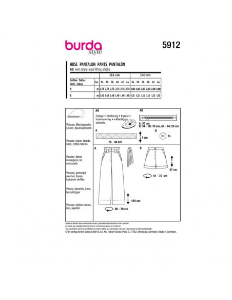 Patron Burda 5912 - Pantalon et short décontractés du 34 au 44