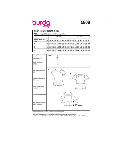 Patron Burda 5908 - Blouses, encolure carré du 34 au 48
