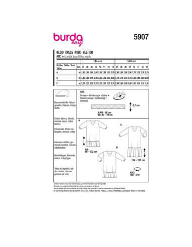 Patron Burda 5907 -  Robes légères, encolure en V du 34 au 48
