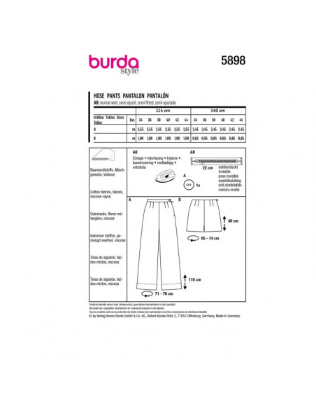 Patron Burda 5898 - Pantalon ajusté du 34 au 44