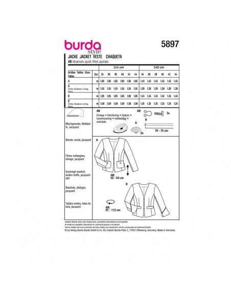 Patron Burda 5897 - Elégantes vestes du 34 au 44