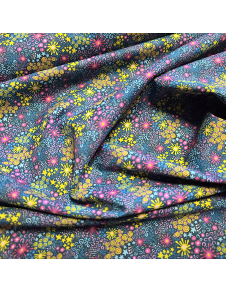 Tissu, Popeline de Coton, Motif Batik Multicolore, Laize 150 cm, 100% Coton 83g/m²