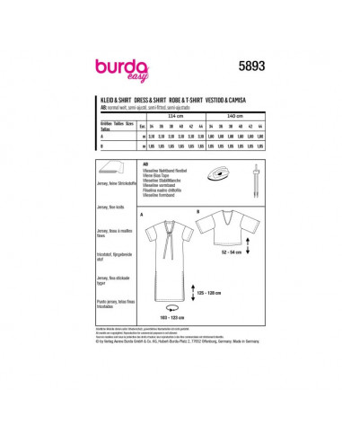 Patron Burda 5893 - Robe et un tee-shirt en tissu mailles du 34 au 44