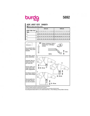 Patron Burda 5892 - Vestes cache-cœur du 34 au 48