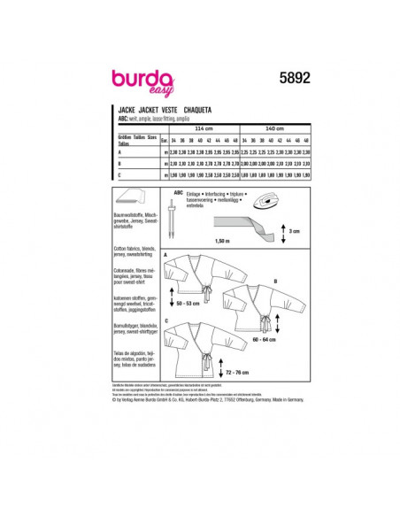 Patron Burda 5892 - Vestes cache-cœur du 34 au 48