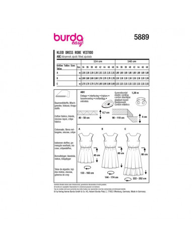 Patron Burda 5889 - Robe juvénile du 34 au 48