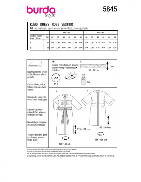 Patron Burda 5845 - Robe boutonnées du 36 au 46 FR
