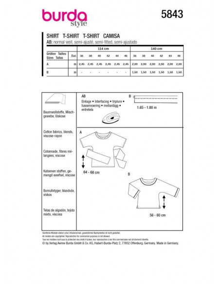 Patron Burda 5843 - T shirts col rond du 36 au 46 FR