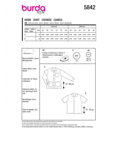 Patron Burda 5842 - Chemises pour hommes du 48 au 58 FR