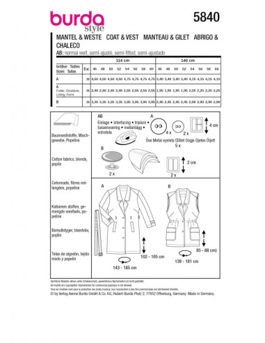 Patron Burda 5840 - Trench coat du 46 au 60 FR