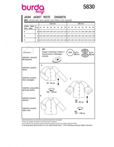 Patron Burda 5830 - Vestes du 34 au 48 FR