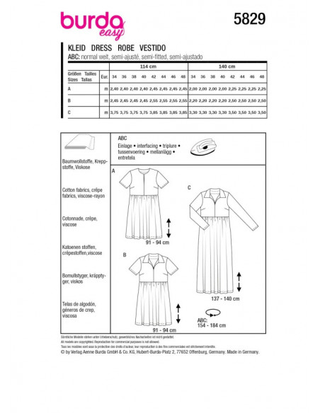Patron Burda 5829 - Mini-robe a encolure du 34 au 48 FR