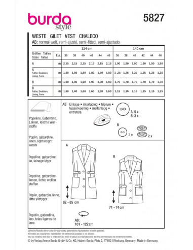 Patron Burda 5827 - Gilet a revers allongé du 36 au 46 FR