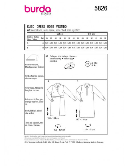 Patron Burda 5826 - Robe chemise du 36 au 48 FR