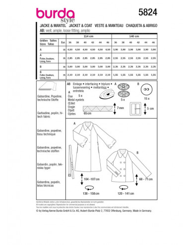 Patron Burda 5824 - Manteau décontracté du 36 au 46 FR