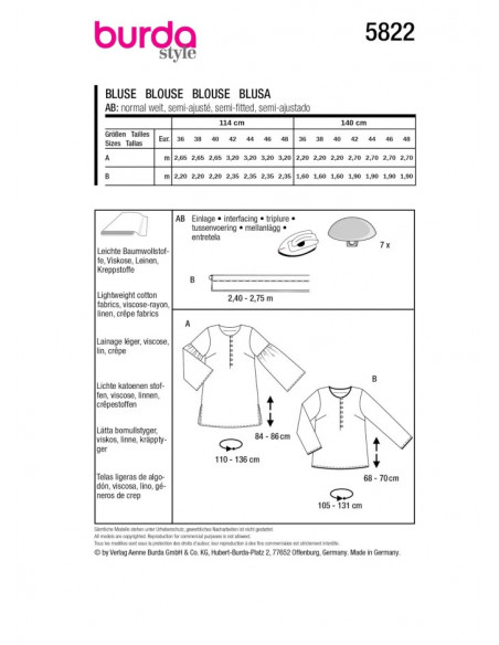 Patron Burda 5822 - Blouse rétro-chic du 36 au 48 FR