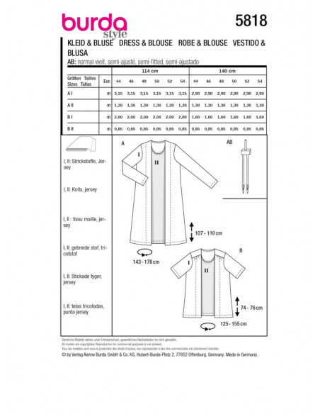 Patron Burda 5818 - Robe blouse Burda du 44 au 54 FR