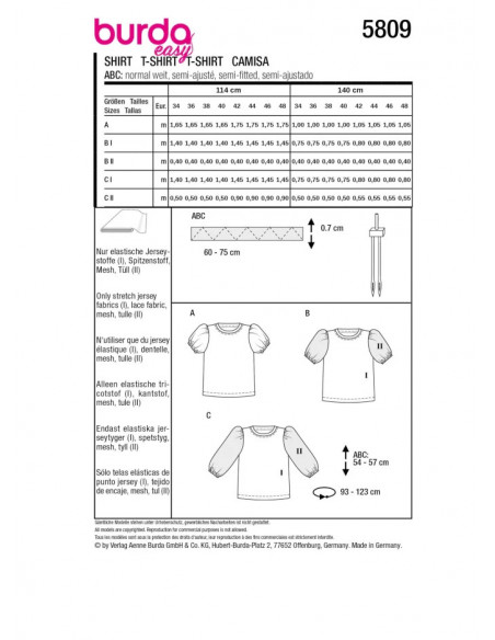 Patron Burda 5809 - T-shirt en jersey du 34 au 48 FR