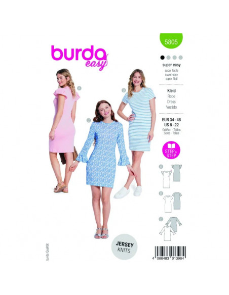 Patron Burda 5805 - Robe en jersey à volants du 34 au 48 FR