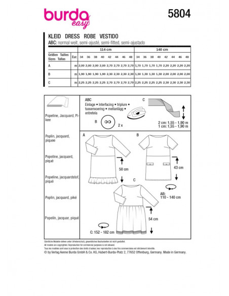 Patron Burda 5804 - Robe burda easy du 34 au 48 FR