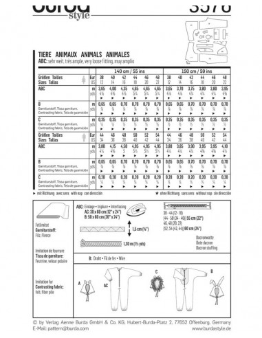 Patron Burda Carnaval 3576 - Déguisement Combinaison Animaux Adulte