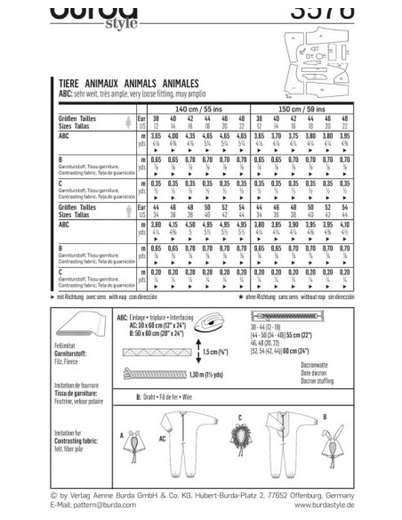 Patron Burda Carnaval 3576 - Déguisement Combinaison Animaux Adulte